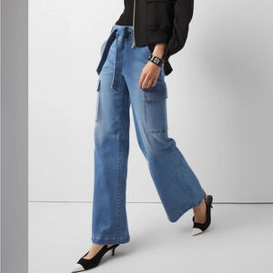 WHBM White House Black Market Wide Leg Cargo Jeans Belted High Rise Size 10